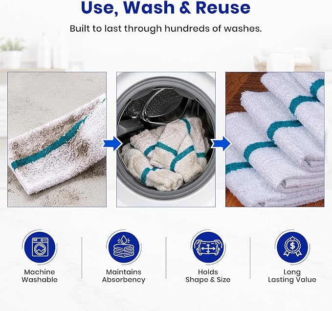 Bar Mops Pack of 24 (14" x 19") - 100% Cotton Cleaning Rags for Housekeeping - Thick, Absorbent & Reusable Bar Towels for Cleaning House & Restaurant - Kitchen Towels Bulk (Green Stripe)