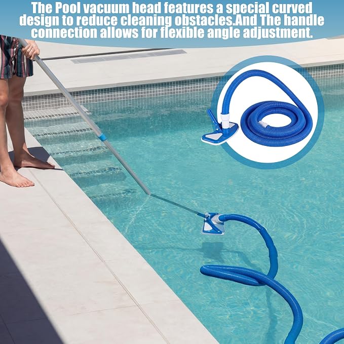 4 Pcs Pool Cleaning Kit 4-in-1 Above Ground Pool Maintenance Include 1-1/4" x 16 ft Vacuum Hoses with Weighted Vacuum Head Connect 1-1/4" or 1-1/2" Hose Brush Skimmer Net, Not Include Pole