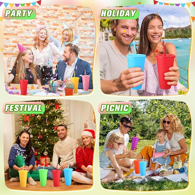 Honeydak 30 Pack Tumbler with Straw and Lid Bulk Cups for Gifts Water Bottle Iced Coffee Travel Mug Cup Reusable Plastic Tumblers for Party Birthdays 24-27 oz (Bright Color)