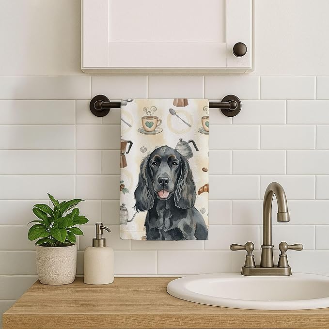 Caroline's Treasures Black Cocker Spaniel Coffee Bar Kitchen Towel Velour Plush Front and Cotton Loop Back Machine Washable