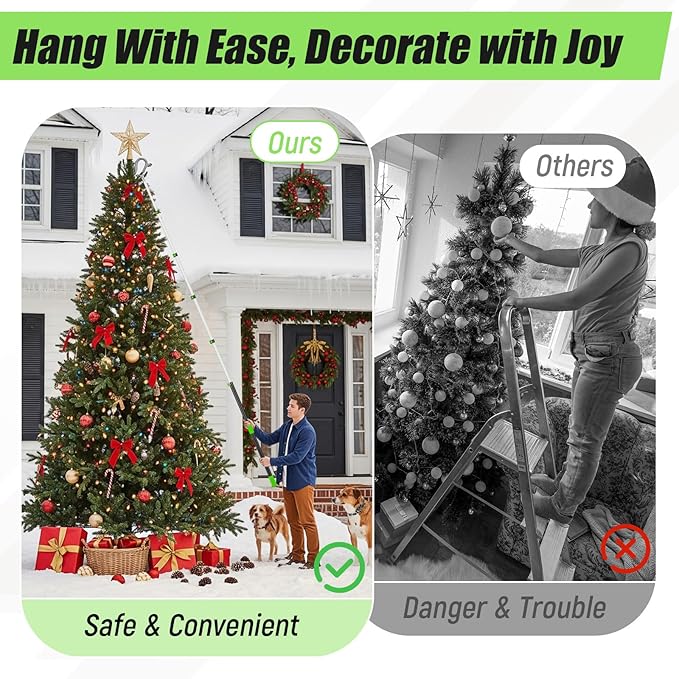 7-36 ft Telescopic Extension Pole with Utility Hook, Multi-Purpose Aluminum Pole for Painting, Dusting and New Year Window Cleaning Christmas Lights Installation Without a Ladder(Green)