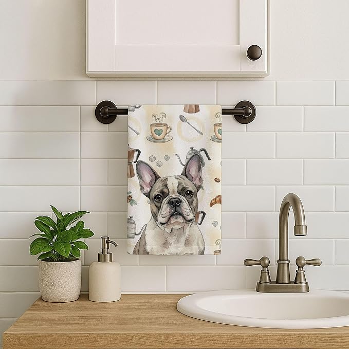 Caroline's Treasures Pied French Bulldog Coffee Bar Kitchen Towel Velour Plush Front and Cotton Loop Back Machine Washable