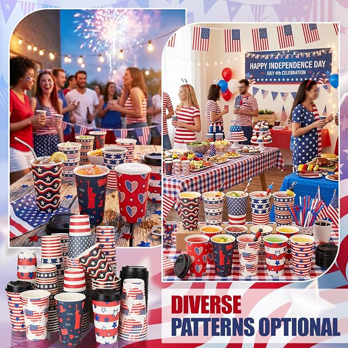 FoldTier 100 Pcs 4th of July Patriotic Disposable Coffee Cups with Lids 12 oz Red White Blue Paper Cups Independence Day Disposable Party Drinkware for Hot Cold Beverages(July 4th)