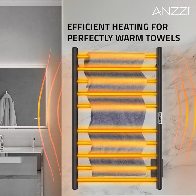 Bali Series 10-Bar Wall Mounted Electric Bathroom Towel Warmer Rack in Matte Black Finish Stainless Steel