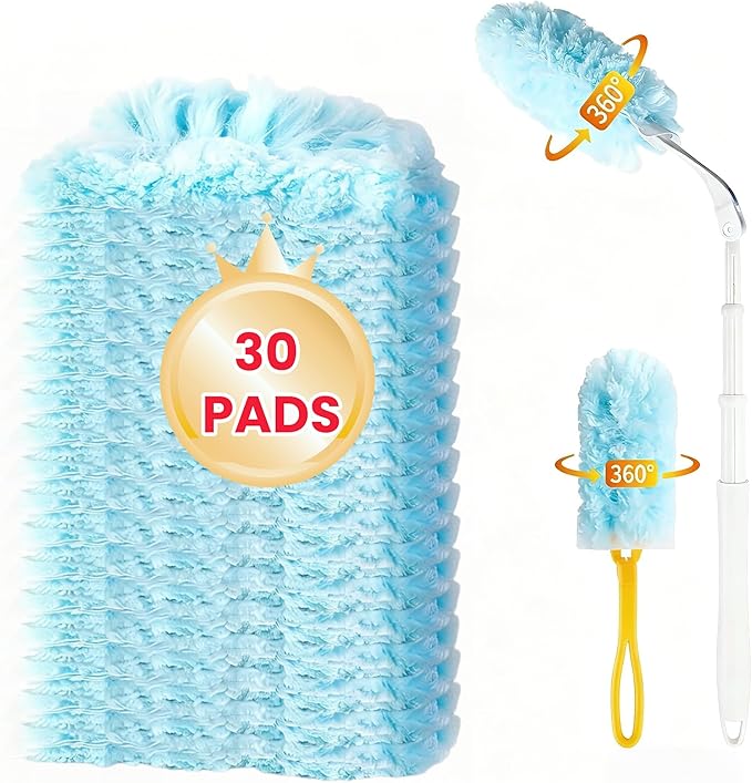 30 Duster Refills with Handle, Multisurface 360 Dusters with 3ft Extendable Handle and 1 Short Handle, Disposable Duster Kit for Dusting Furniture Blinds Fans Wall (30 Duster Refills + 2Handles)