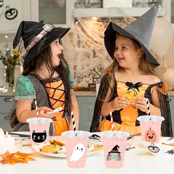 Whaline 48Pcs 12Oz Halloween Plastic Cups with Lids & Straws Ghost Pumpkin Black Cat Disposable Clear Drinking Cups for Holiday Birthday Party Supplies
