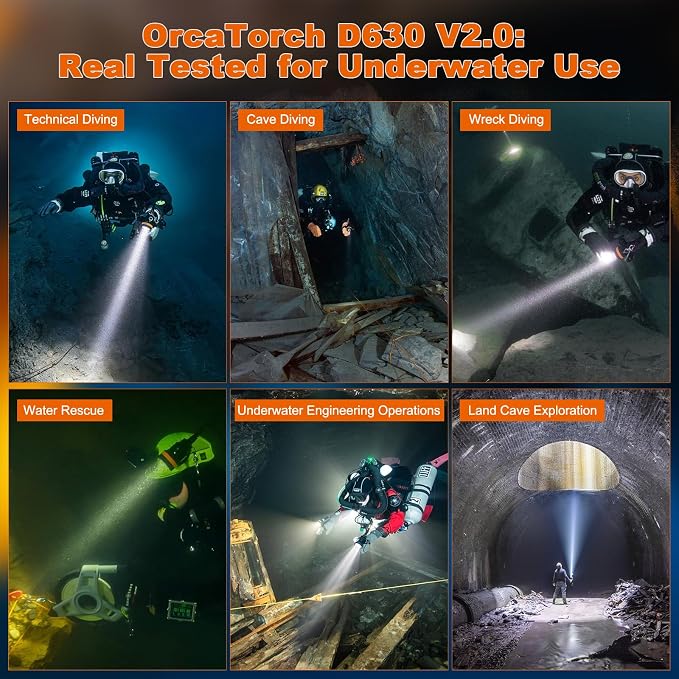 ORCATORCH D630 V2.0 4600 Lumen 5 Imported LED Primary Canister Dive Light with 7° Super Focus Beam, Straight/Side Mounted and Backmount Technical Diving Flashlight, for Cave Wreck Night Diving