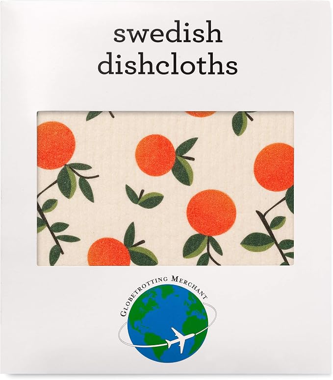 Swedish Dishcloths 3-Pack, Super Absorbent Reusable Cellulose Sponge Cloths, Eco-Friendly Kitchen Cleaning Towels, Machine Washable, with Citrus Oranges Print 7.87x6.88 inch