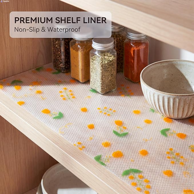 Beautysaid Shelf Liner Non Adhesive — EVA Drawer & Cabinet Liner, Waterproof Non Slip Kitchen Shelf Paper, Thick Washable Refrigerator Mat for Cabinet Shelves & Pantry, Floral, 12 in x 20 FT
