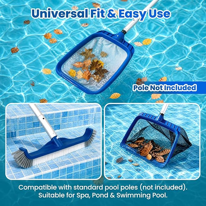 POOLAZ Pool Cleaning Kit, 3 in 1 Pool Net Skimmer & Pool Brush Head for Inground Pools & Above Ground Pools, Durable Pool Skimmer Nets & Pool Brush Compatible with Standard Pool Pole