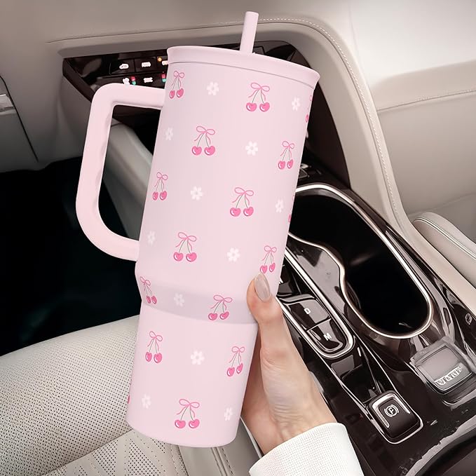 Cherry 40oz Slider Tumbler with Handle and Straw - Insulated Stainless Steel Travel Coffee Mug for Women Girls, Gift for Birthday Christmas