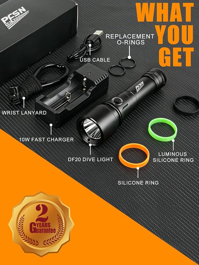 PFSN 3600 Lumens Dive Light, 150M Underwater Waterproof Diving Flashlight, 300M Long Range Beam, 20H Battery Life & Fast Charging, Rechargeable Scuba Dive Torch for Snorkeling Caving Spearfishing
