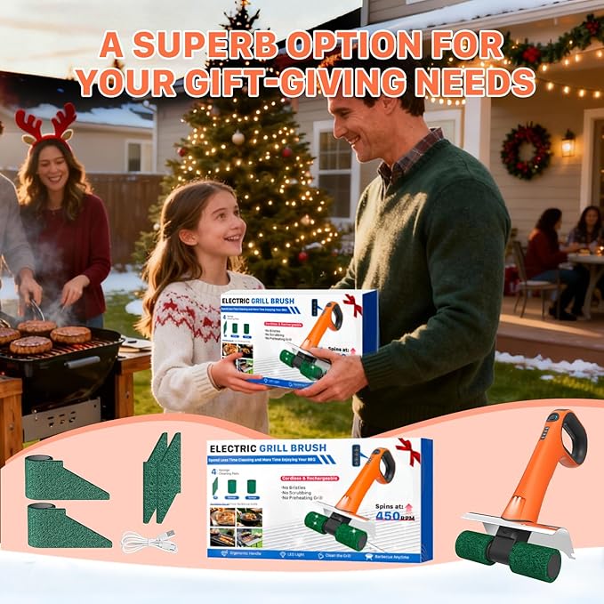 Hillyfe Electric Grill Brush, Bristle-Free Dual Rotating Heads, 450 RPM with LED Light, 120-Minute Runtime, IPX5 Waterproof, 4 Scouring Pads, Extended Handle, Safe for All Kinds of BBQ Grills, Orange