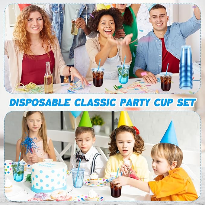 Ziliny 25 Sets Clear Round Bottom Plastic Cups with Lids and Straws, Cute Disposable Drinking Coffee Cups, for Christmas Valentine's Galentine's Day Party Wedding Birthday Supplies (16oz,Blue)