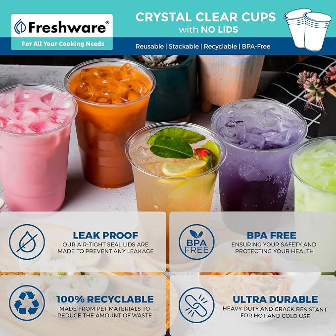 Freshware Clear, Heavy-Duty 16 oz Disposable Plastic Cups, BPA Free (100 Pieces)