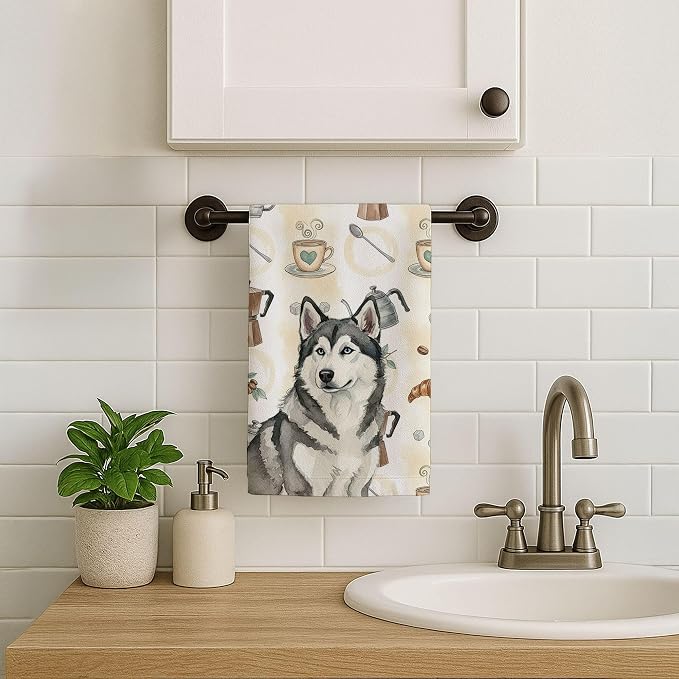 Caroline's Treasures Gray and White Alaskan Malamute Coffee Bar Kitchen Towel Velour Plush Front and Cotton Loop Back Machine Washable