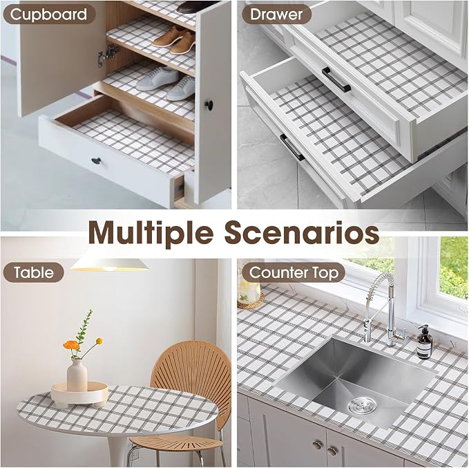 Drawer and Shelf Liner, Non-Slip Kitchen Cabinet Liners Non-Adhesive Thick Strong Grip Waterproof Washable Mats Protect Dresser Shelves Cupboard Bathroom Cabinets, White Stripes, 12 in X 30 FT