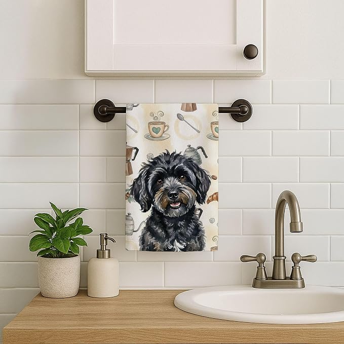Caroline's Treasures Black Havanese Coffee Bar Kitchen Towel Velour Plush Front and Cotton Loop Back Machine Washable