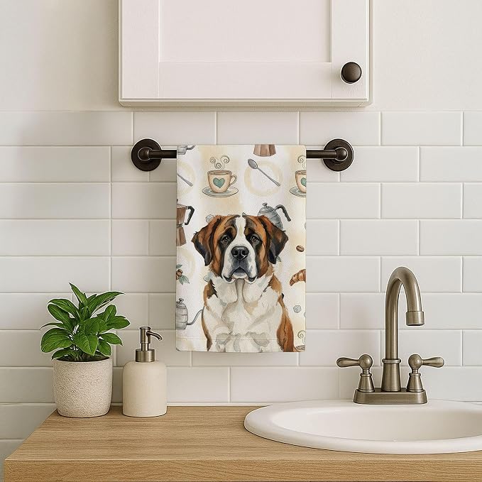 Caroline's Treasures Brindle and White Saint Bernard Coffee Bar Kitchen Towel Velour Plush Front and Cotton Loop Back Machine Washable