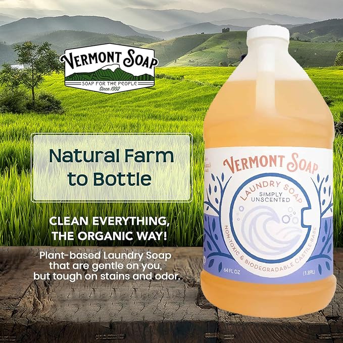 Vermont Soap Laundry Detergent, Laundry Soap, Natural Laundry Detergent Liquid, Baby Detergent, washing — Simply Unscented, 64 Fl Oz