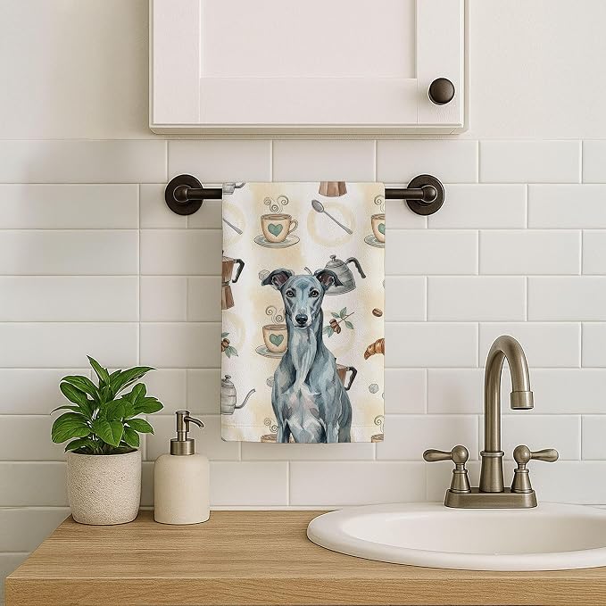 Caroline's Treasures Blue Brindle Greyhound Coffee Bar Kitchen Towel Velour Plush Front and Cotton Loop Back Machine Washable