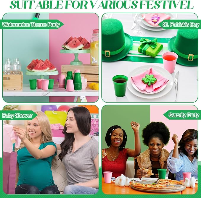 Funnymoom 200 Pcs Pink and Green Disposable Plastic Cups 12 oz Sorority Party Beverage Cups for Witch and Princess Themed Watermelon Flamingo Party Supplies