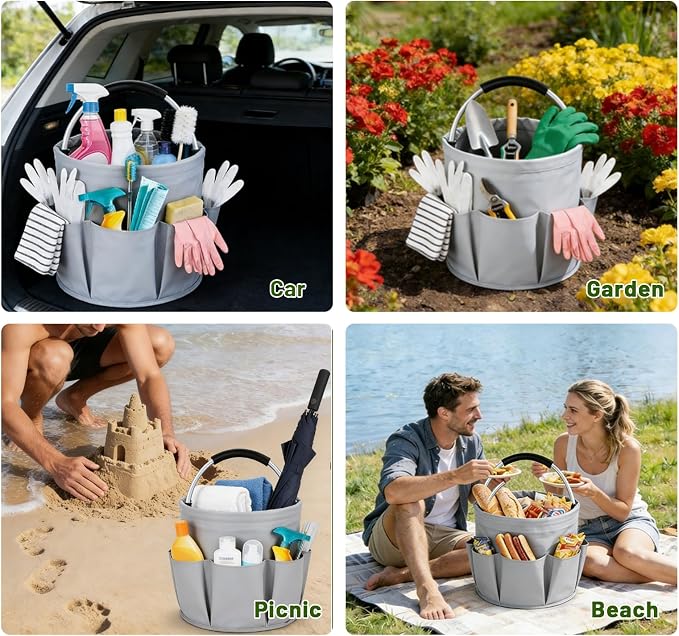 17L Foldable Cleaning Caddy with Handle - Portable Oxford Fabric Storage Bucket, Organiser for Cleaning Supplies, Toiletries, Home, Garden, Picnic & Beach (Apricot Gray)