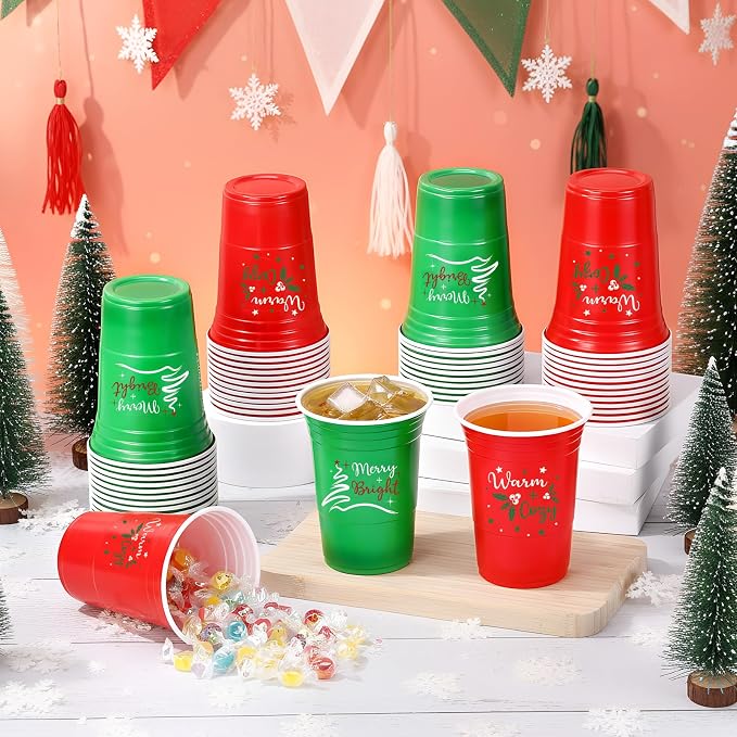 Pickmesh 50 Pcs Christmas Plastic Cups 16oz Red and Green Merry Bright Disposable Cups for Xmas Party Supplies Seasonal Holiday Party Tumblers for Hot Cold Drinks Coffee Juice Beer Candy Snacks