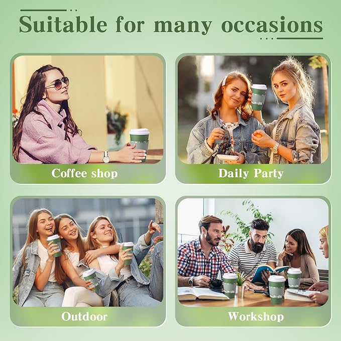 Zopeal 50 Pack Dark Green 12 oz Disposable Coffee Cups with Lids and Sleeves, Paper Hot Travel Cups for Beverages, Wedding, Baby Shower, Office and Party Supplies