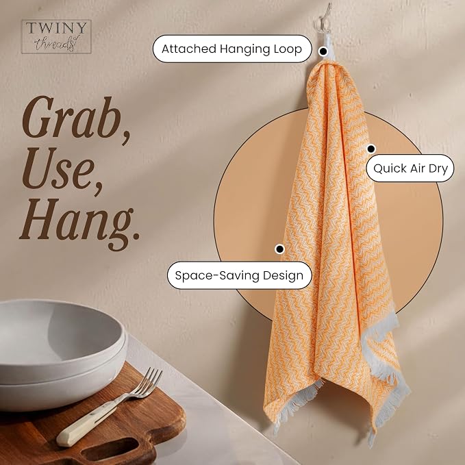 TWINY threads Kitchen Towel Chevron Design, Premium Large Kitchen Linen Set, 100% Cotton Dish Rags, Absorbent Quick Drying Wash Rag for Drying Dishes, Reusable, Set of 4, 16"x26" Inch, Mustard Yellow
