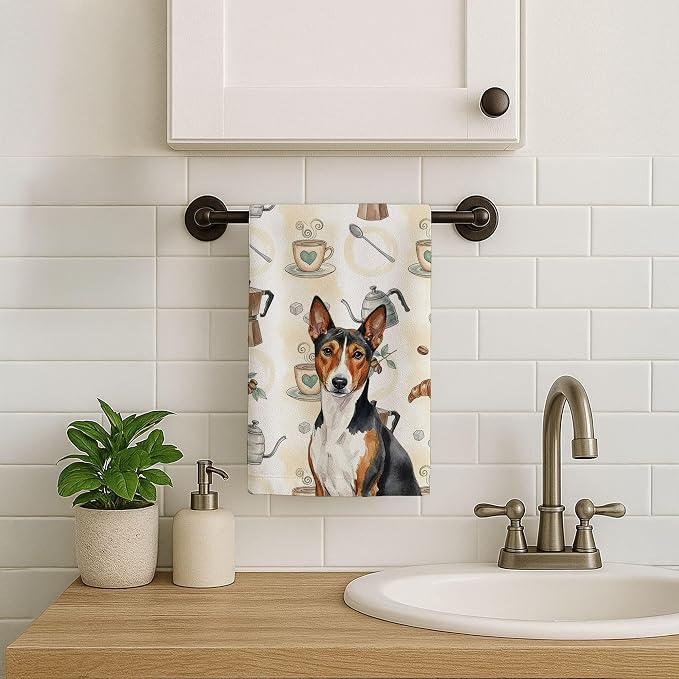Caroline's Treasures Tricolor and White Basenji Coffee Bar Kitchen Towel Velour Plush Front and Cotton Loop Back Machine Washable