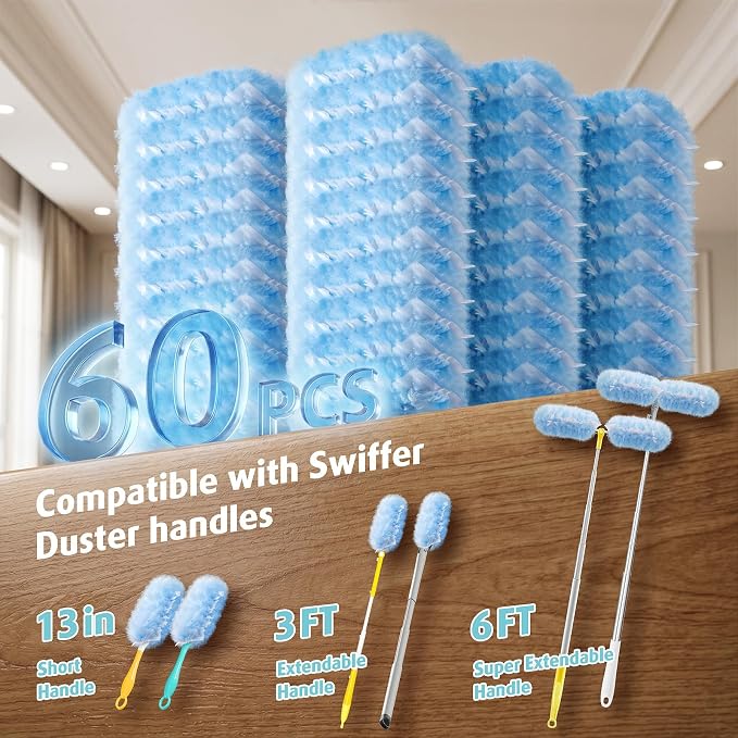 60 Count Electrostatic Duster Refills Compatible with Swiffer Duster, 6X Microfibers Heavy Duty 2 Side 360° Duster Refills, Disposable Multi Surface Dusters for Cleaning, Unscented