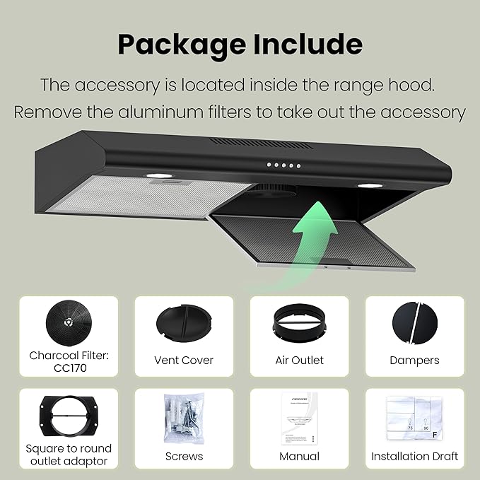 FIREGAS 30 Inch Black Under Cabinet Range Hood, Ducted/Ductless Convertible Kitchen Vent Hood with LED Light, 3-Speed Exhaust Fan, Push Button Control, Slim Stove Hood for Modern Kitchen