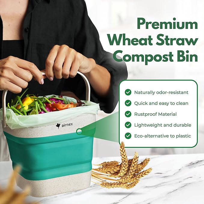 AIRNEX Collapsible Food Waste Bin with Lid - 1 Gallon Food Waste Caddy for Kitchen Made of Wheat Straw - Odor Free Compost Bin with 20 Pcs Compostable Trash Bags and 14 Pcs Carbon Filters
