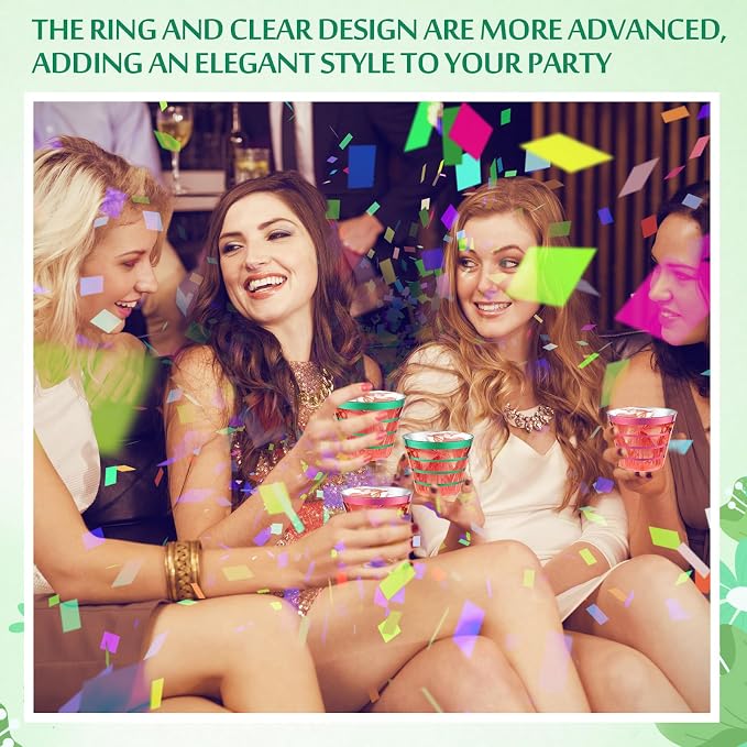 Gejoy 9 oz 50 Pcs Sorority Party Rimmed Stripe Plastic Cups Bulk Disposable Wine Hard Plastic Sisterhood Drinking Cocktail Cups Tumblers for Wedding Gathering Party Supplies(Green and Pink)