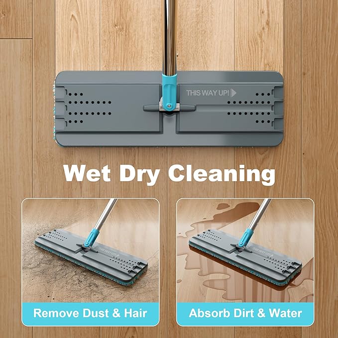 JOYMOOP Mop and Bucket Set, Mops for Floor Cleaning, Wall Mop Cleaner with Long Handle, with 4 Reusable Microfiber Mop Pads - Grey+Cyan Blue