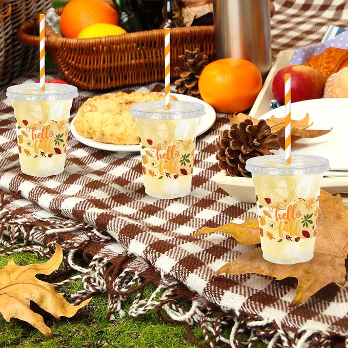 Whaline 50 Pcs 12 Oz Hello Fall Plastic Cups with Lids and Straws Autumn Maple Leaves Cold Beverage Drinking Cup for Harvest Thanksgiving Party Supplies
