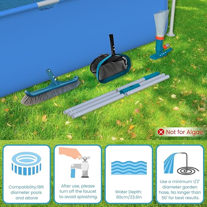 Above Ground Pool Cleaning Kit with Garden Hose Pool Vacuum, Aluminum Frame Leaf Rake Net, Wall Brush and 8Ft Pole for Remove Leaves & Debris