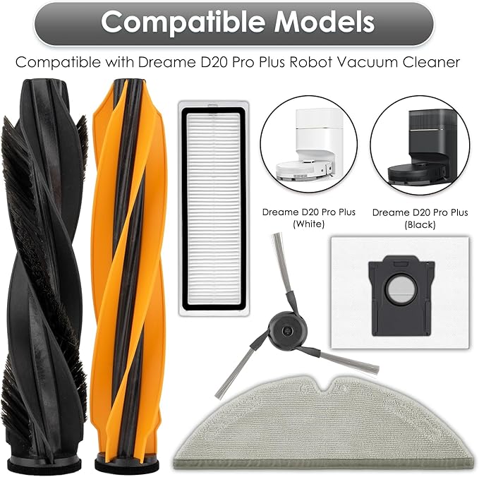 (21 Pack) D20 Pro Plus Replacement Parts Compatible with Dreame D20 Pro Plus Robot Vacuum Cleaner, 2 Roller Brushes, 5 Mop Pads, 4 HEPA Filters, 4 Dust Bags, 6 Side Brushes, Accessories Kit