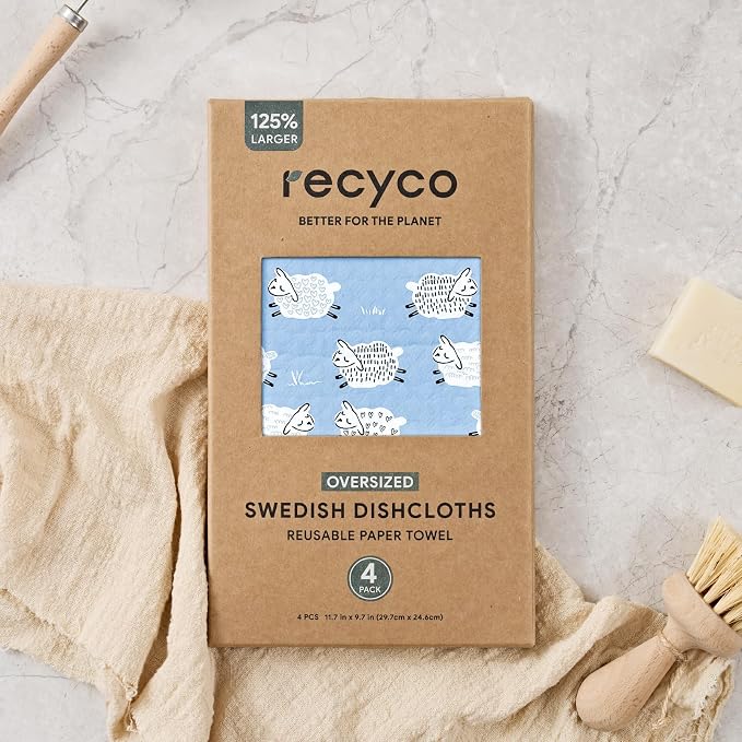 RECYCO Swedish Dishcloths for Kitchen | 4 Pack Oversized Washable Dish Rags | Large Cellulose Reusable Cleaning Paper Towels | Absorbent Counter Dish Cloth Sponge XL Kitchen Wipes, 12" L x 12" W