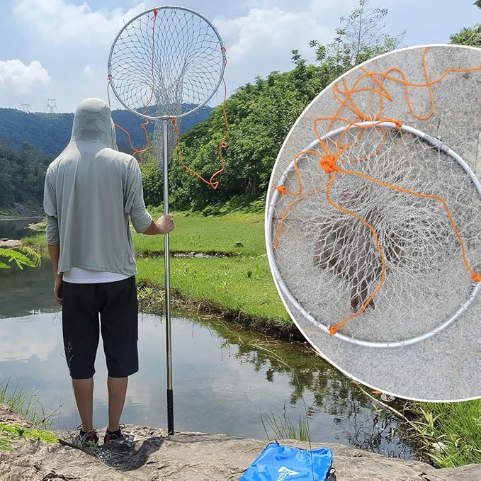 Drasry Large Collapsible Bridge Pier Fishing Net Landing Net with Rod, High Load Aluminum Ring Drop Net for Saltwater and Freshwater Pier Fishing Basket with 49.2 ft. Rope