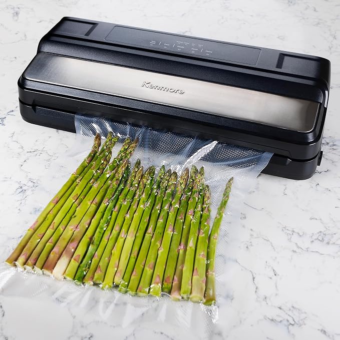 Kenmore Vacuum Sealer Machine - Food Saver Vacuum Sealer with Bags, Dry & Moist Modes, 7 Preset Settings, Includes Bag Roll, Bottle Stopper, Stainless Steel Envasadora al Vacío for Meat,BPA Free