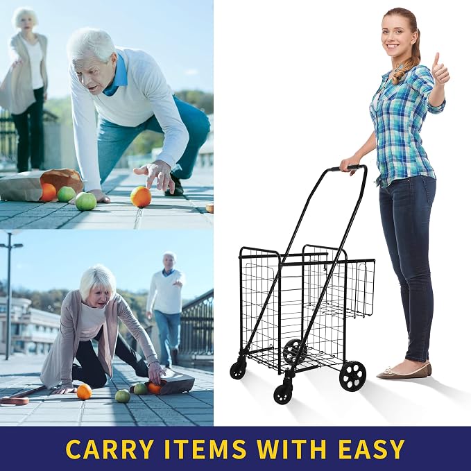 BIEAMA Folding Shopping Cart, 200 Lb Capacity Grocery Cart, Medium Size | Heavy Duty Utility Cart with 360 Rolling Swivel Wheels, Extra Basket