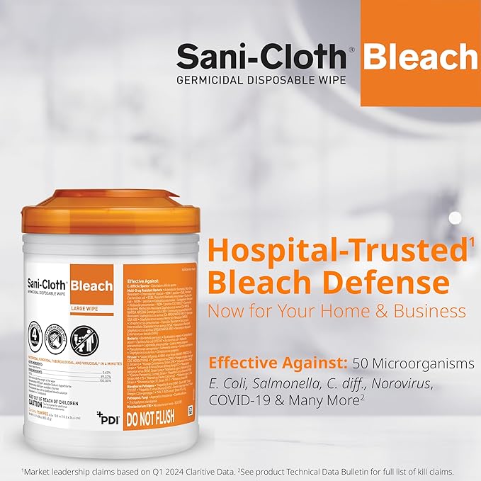 Sani-Cloth Bleach Disposable Wipes, Full Case, Hospital-Grade Surface Disinfecting Wipes for Healthcare and Bathroom, Large Wipe, 6" x 10.5", 75 Wipes per Canister, 12 Canisters Total, 900 Total Wipes