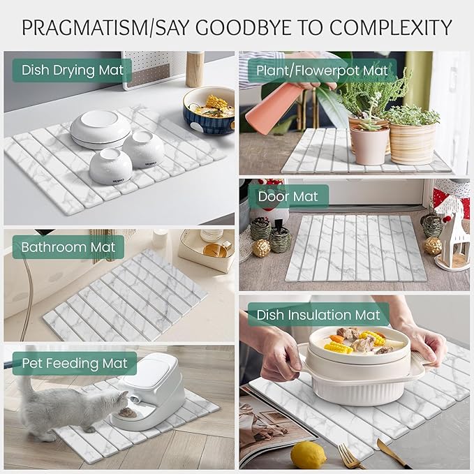 Stone Dish Drying Mat Collapsible Diatomaceous Earth Absorbent Mat Quick Dish Drying Pad Dish Rack Pad Match Any Counterto Multiple Usage for Kitchen,Bathroom (White Marble Pattern, 24"L x 16"W)