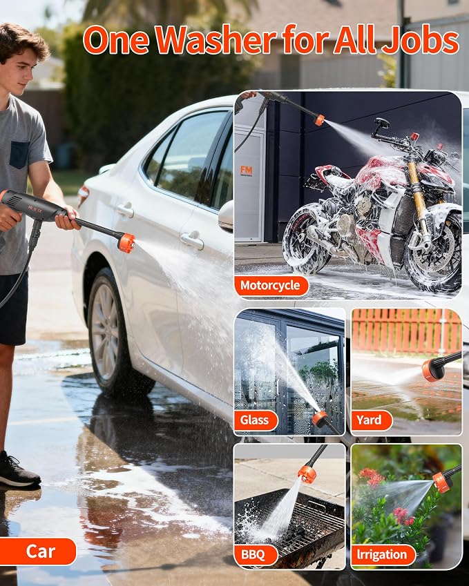 Handheld Battery Operated Washer, 1100 PSI Lightweight Mini Washer for Car, Home, Patio, Driveway and Garden Cleaning (StrengthOrange)