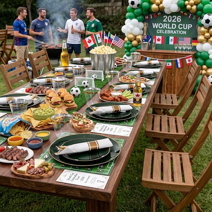 KIRE 350PCS Green Plates Disposable - Heavy Duty Green and Gold Plates - 50Guest Include Green Plastic Dinnerware - Pro Rolled Napkins with Gold Silverware and Cups for 2026 FIFA World Cup&Party