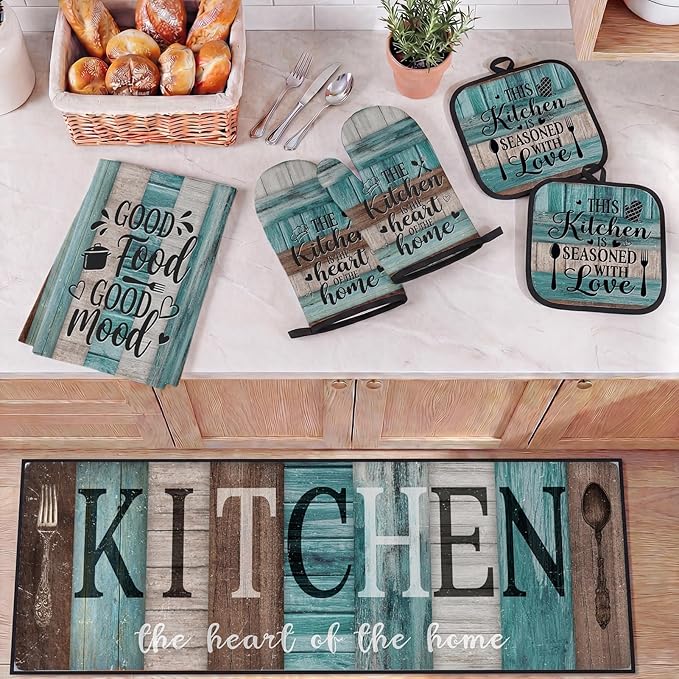 10 Pcs Turquoise Teal Kitchen Decor and Accessories Set, 4 Dish Towels Kitchen Rugs 2 Oven Mitts 2 Pot Holders, Home Decor for Cooking Baking BBQ Gifts Women Mom Housewarming
