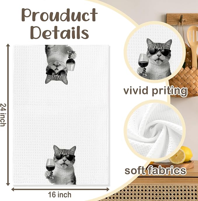 Funny Cat Kitchen Towels Set of 2, Cat Kitchen Bar Accessories, Chef Gifts for Women Decorative Hand Towels for Kitchen Decor, Coffee Wine Lovers Dish Tea Towel, 16x24 Inch