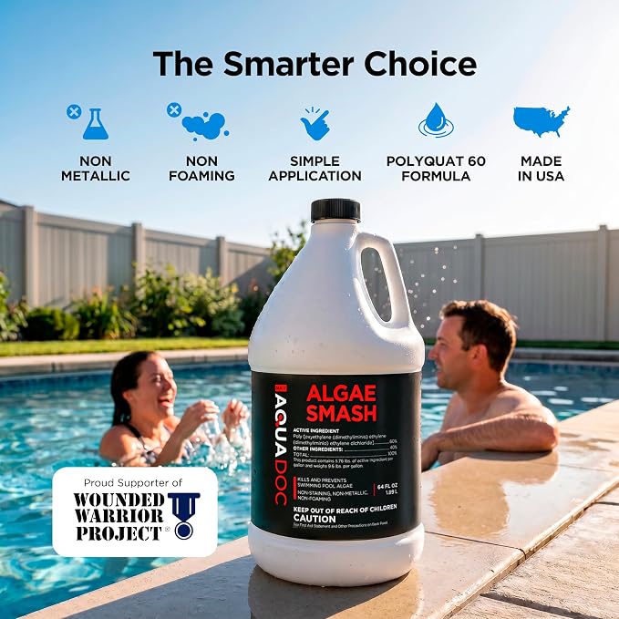 AquaDoc Algae Smash Polyquat 60 Algaecide for Swimming Pools - 64 oz - Non-Foaming, Non-Staining Formula to Help Remove and Prevent Algae in Inground and Above Ground Pools - Made in USA
